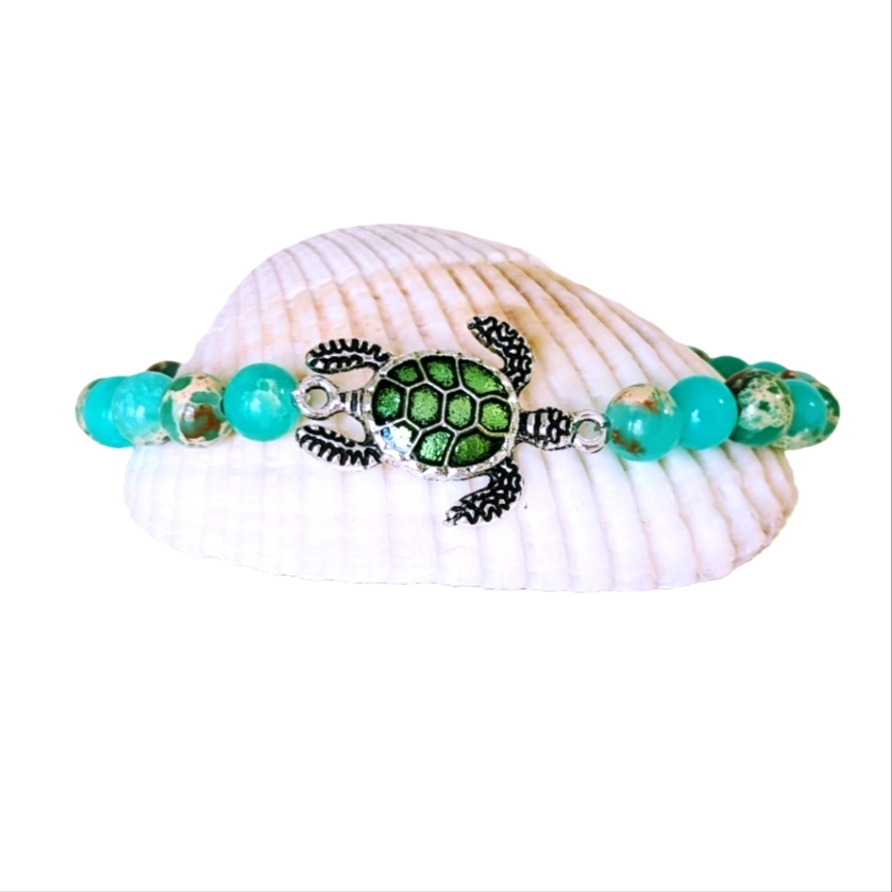 Handmade Natural Sea Jasper Stretch Bracelet With Sea Turtle Charm 7.5" Like New
